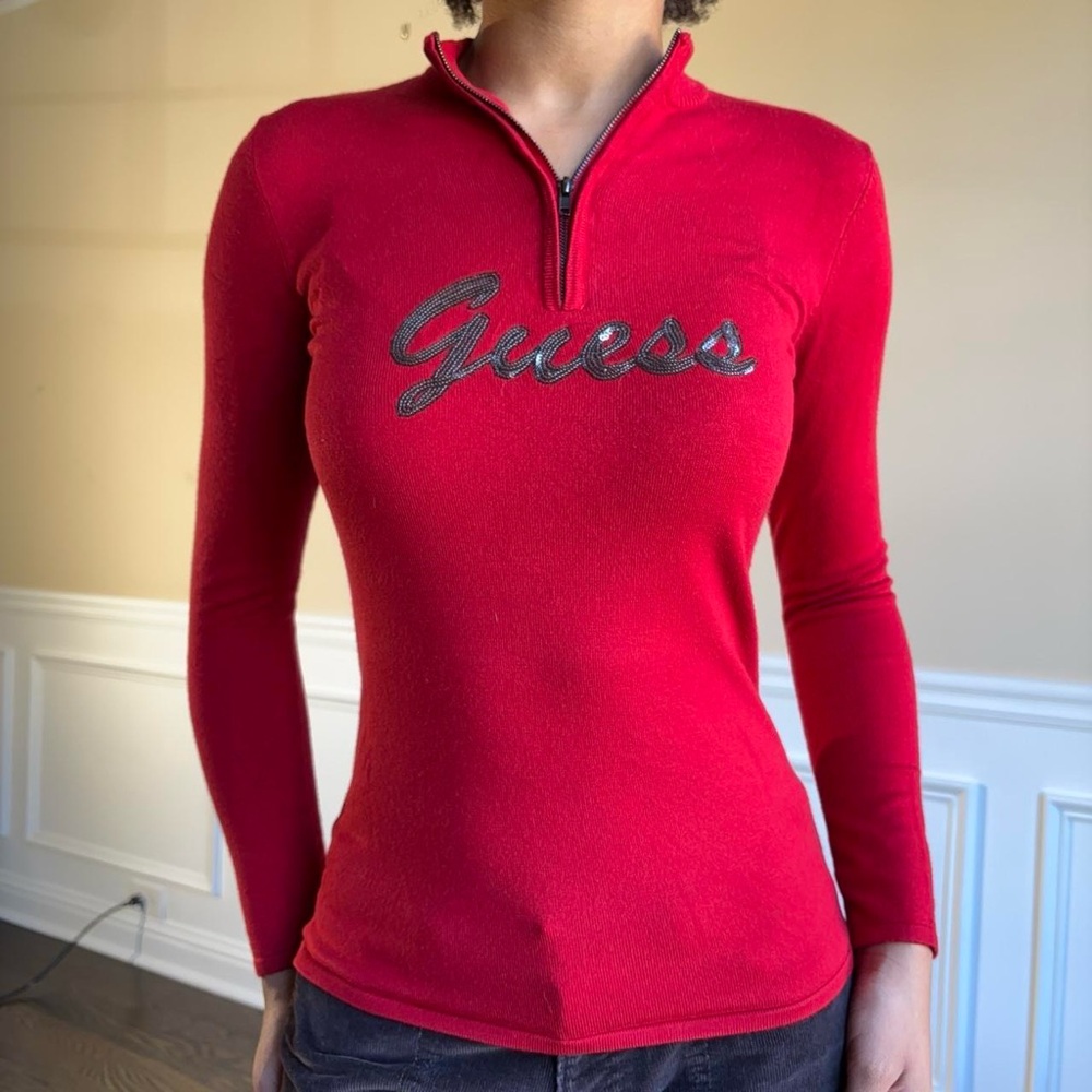 Guess Red Sequined Quarter Zip Sweater Top